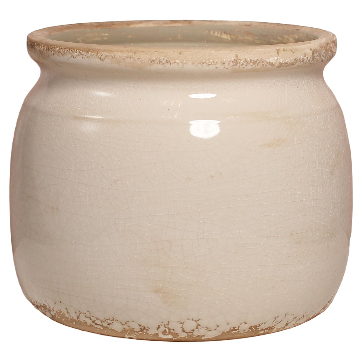 Xiaan Jiaju ceramic planter with antique ivory glaze on a living room shelf, ideal for indoor décor.