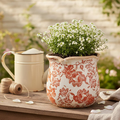 Xiaan Jiaju distressed ceramic planter close-up shows vintage texture and rustic charm