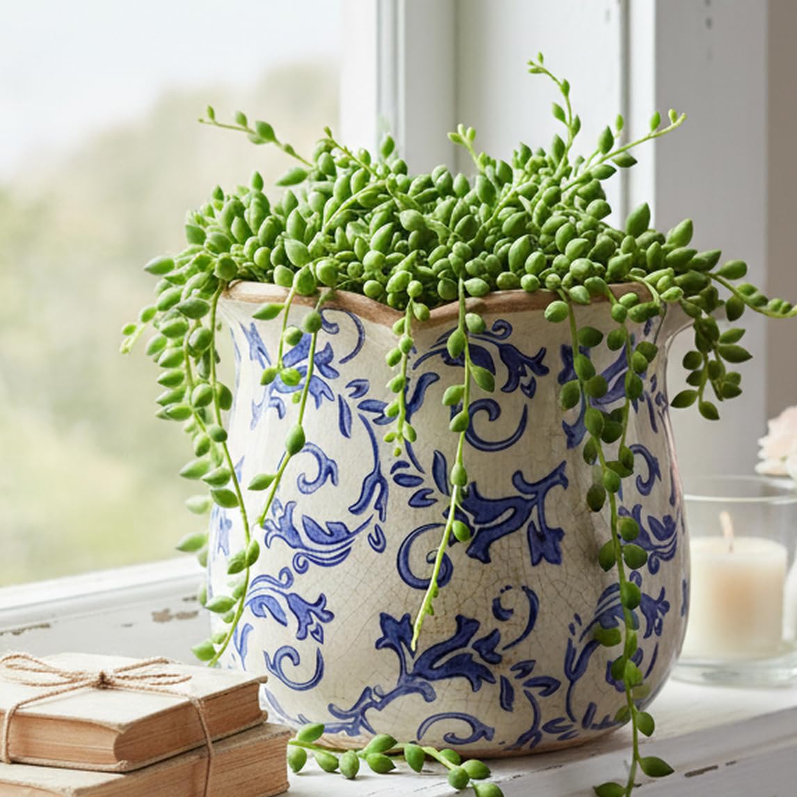 Xiaan Jiaju crackle glaze planter with distressed details adds vintage charm.