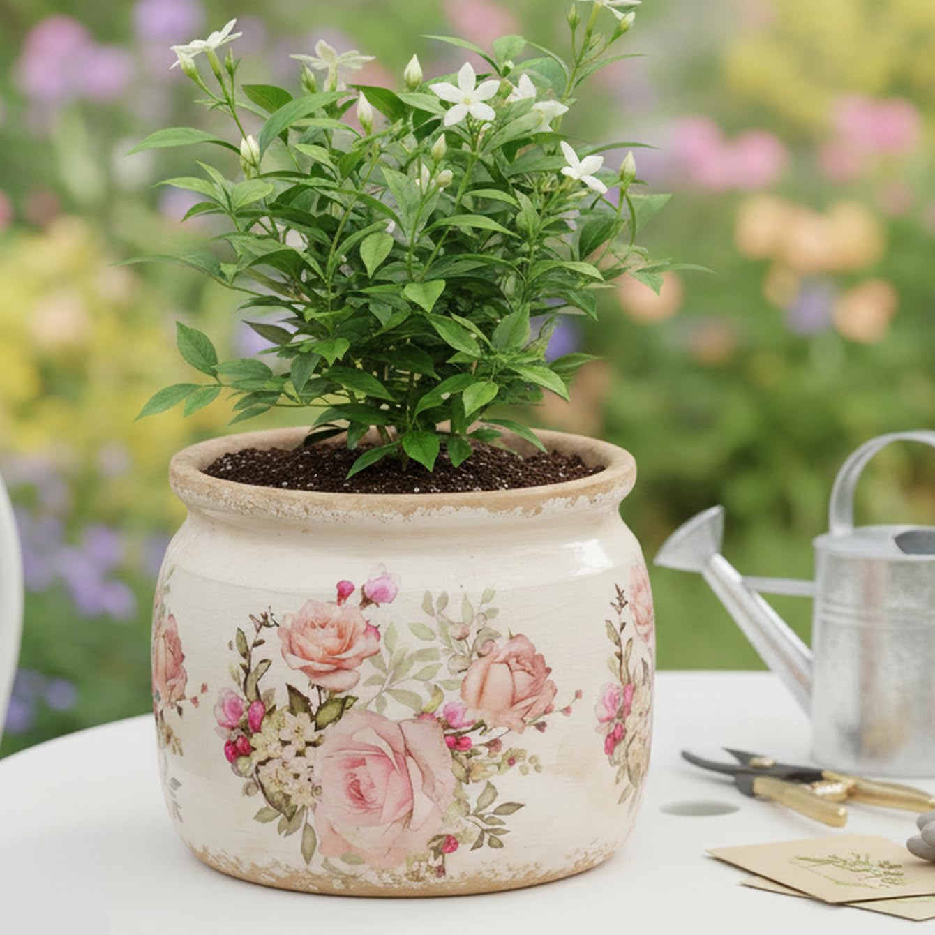 Xiaan Jiaju pink ceramic planter shown on a bedroom shelf for elegant ambiance.