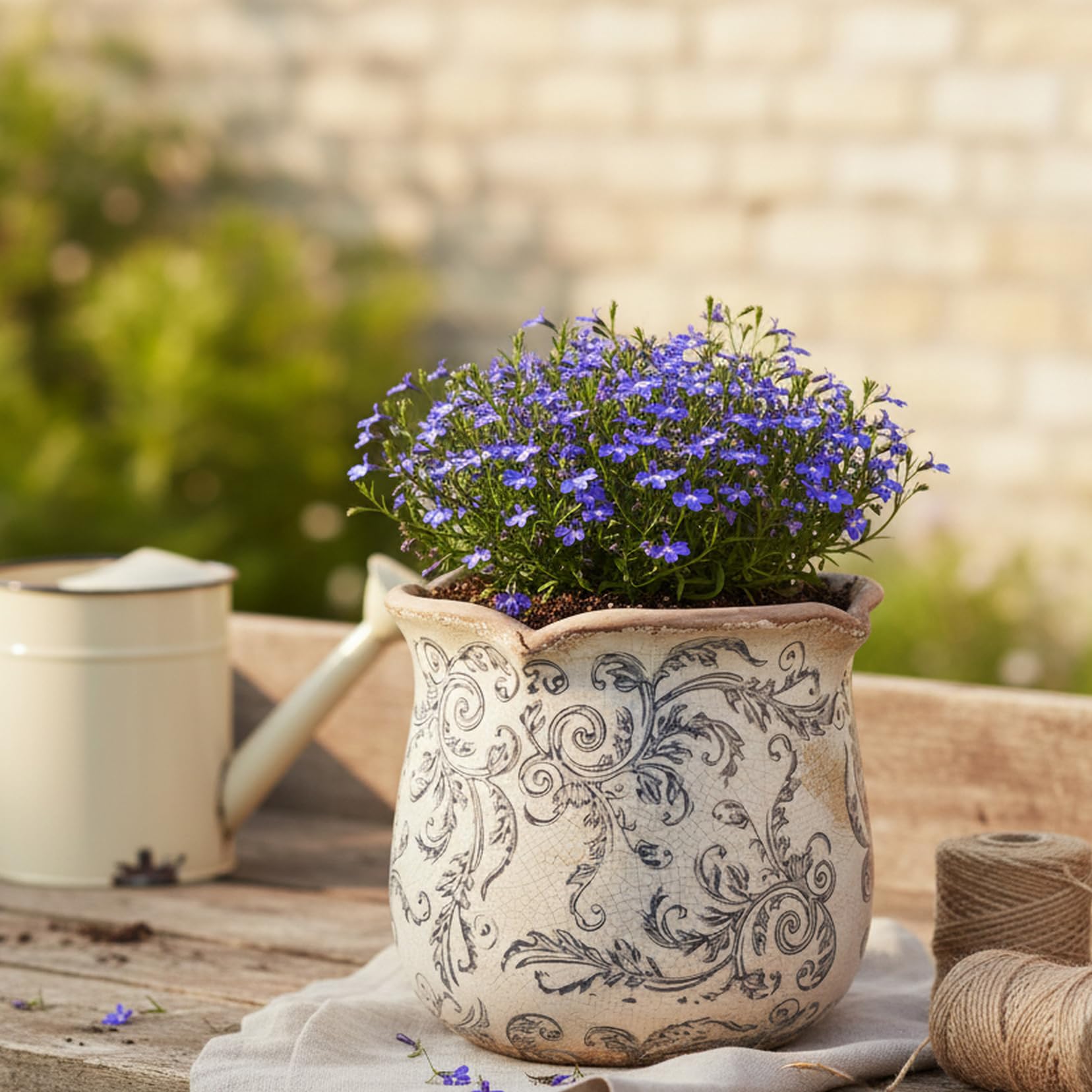 Xiaan Jiaju Tuscan-style planter elevates plant displays on shelves.