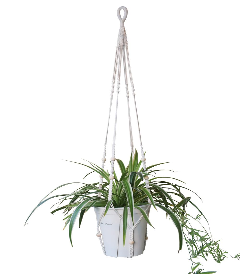 Xibelezal macrame hanger with beads for 52-inch tall ceilings and easy watering