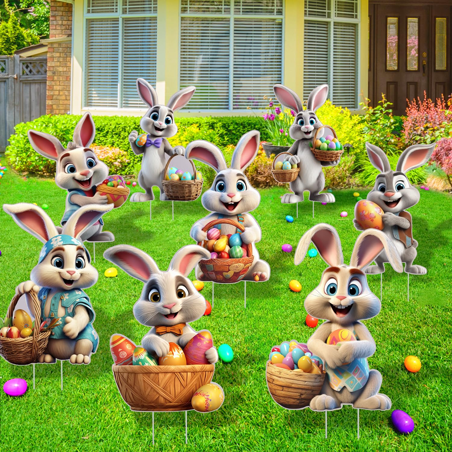 XIFAN Easter bunny yard sign with stake adds bright color to lawn pathways.