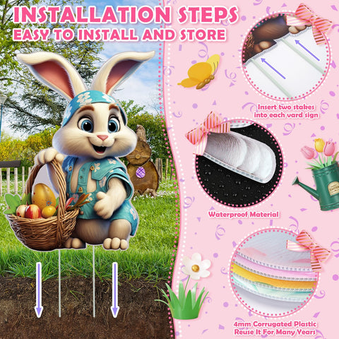 XIFAN Easter bunny yard sign with stake ready for easy outdoor setup on grass.