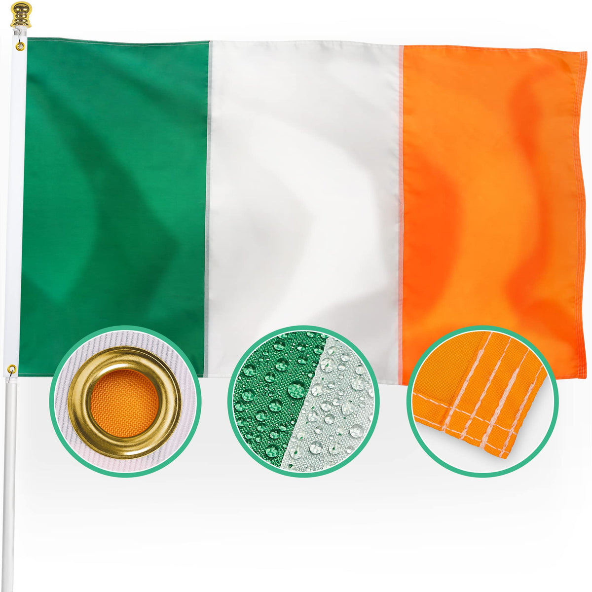 XIFAN Ireland flag 3x5 outdoor full view showing weather-ready 210D nylon for year-round display.