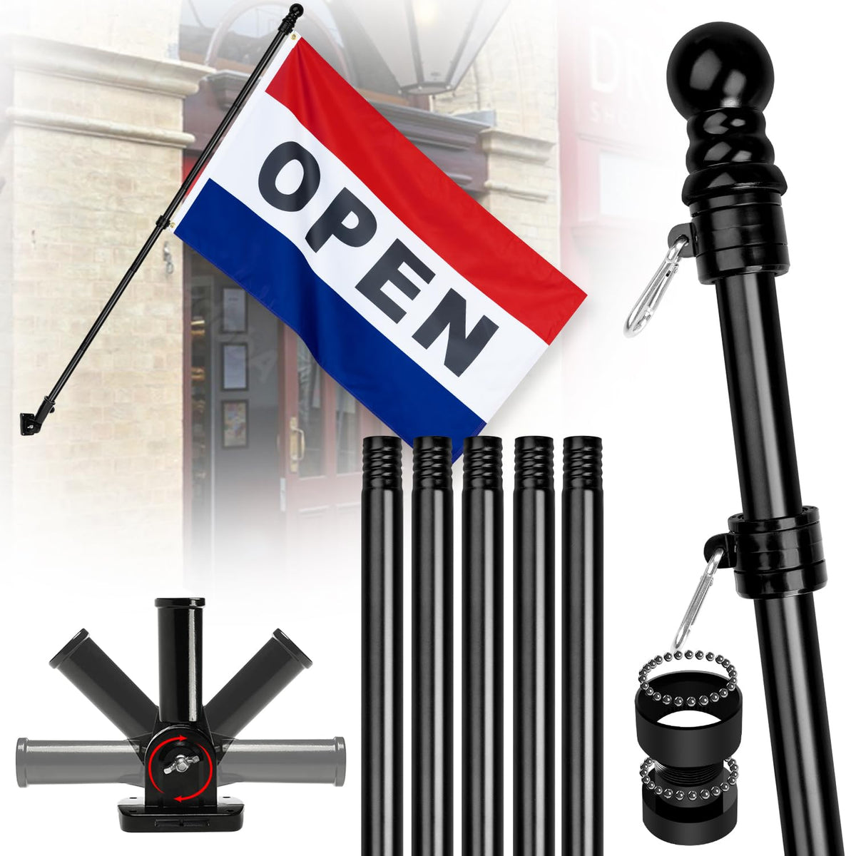 XIFAN open flag 6ft pole enhances storefront visibility from every direction.