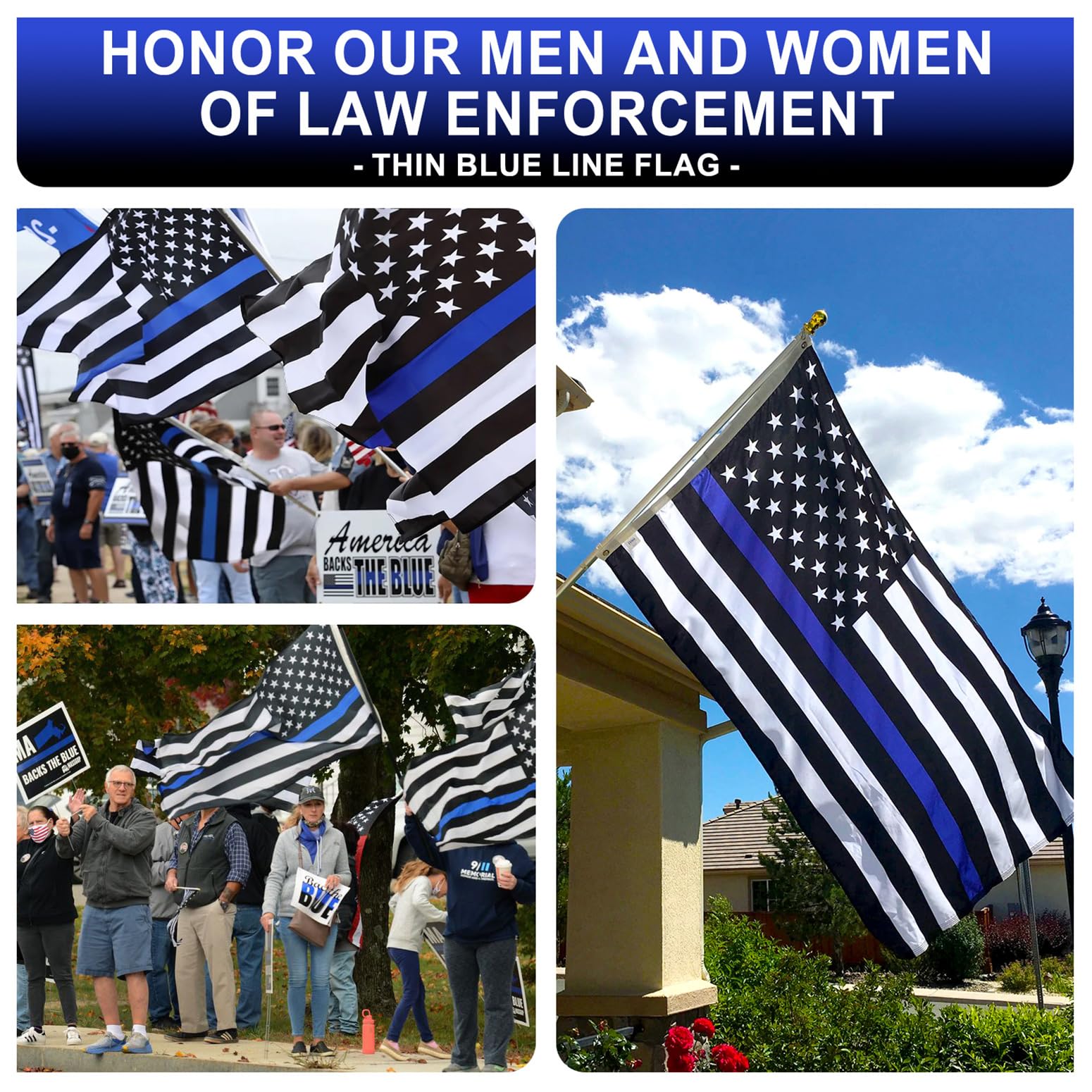 XIFAN Thin Blue Line Flag 3x5 displayed in a yard setting