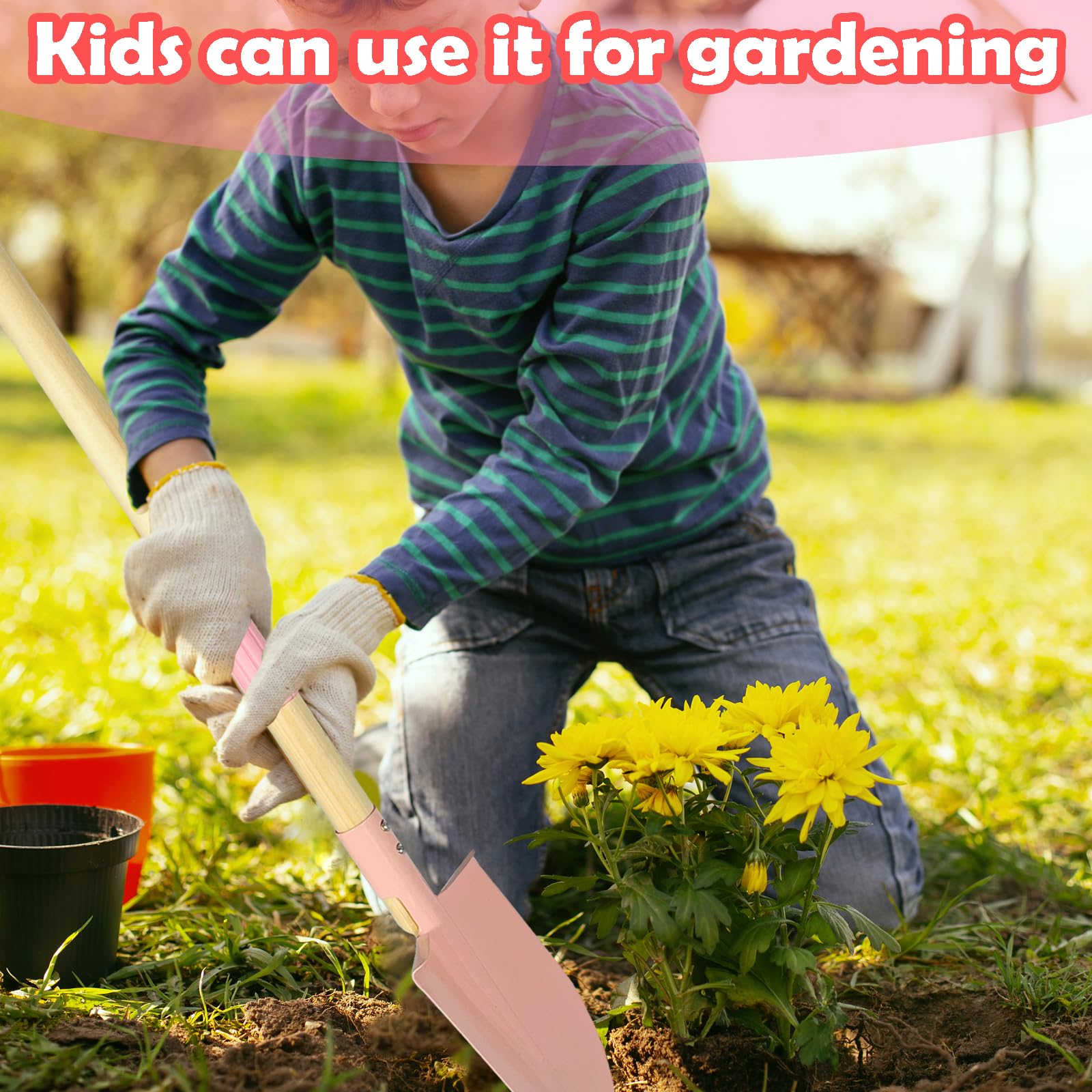 Xifando kid-size garden shovel with pink metal head for sturdy digging