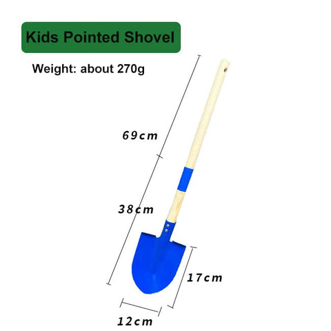 Xifando kid garden shovel with wooden handle and blue head, side view for easy digging