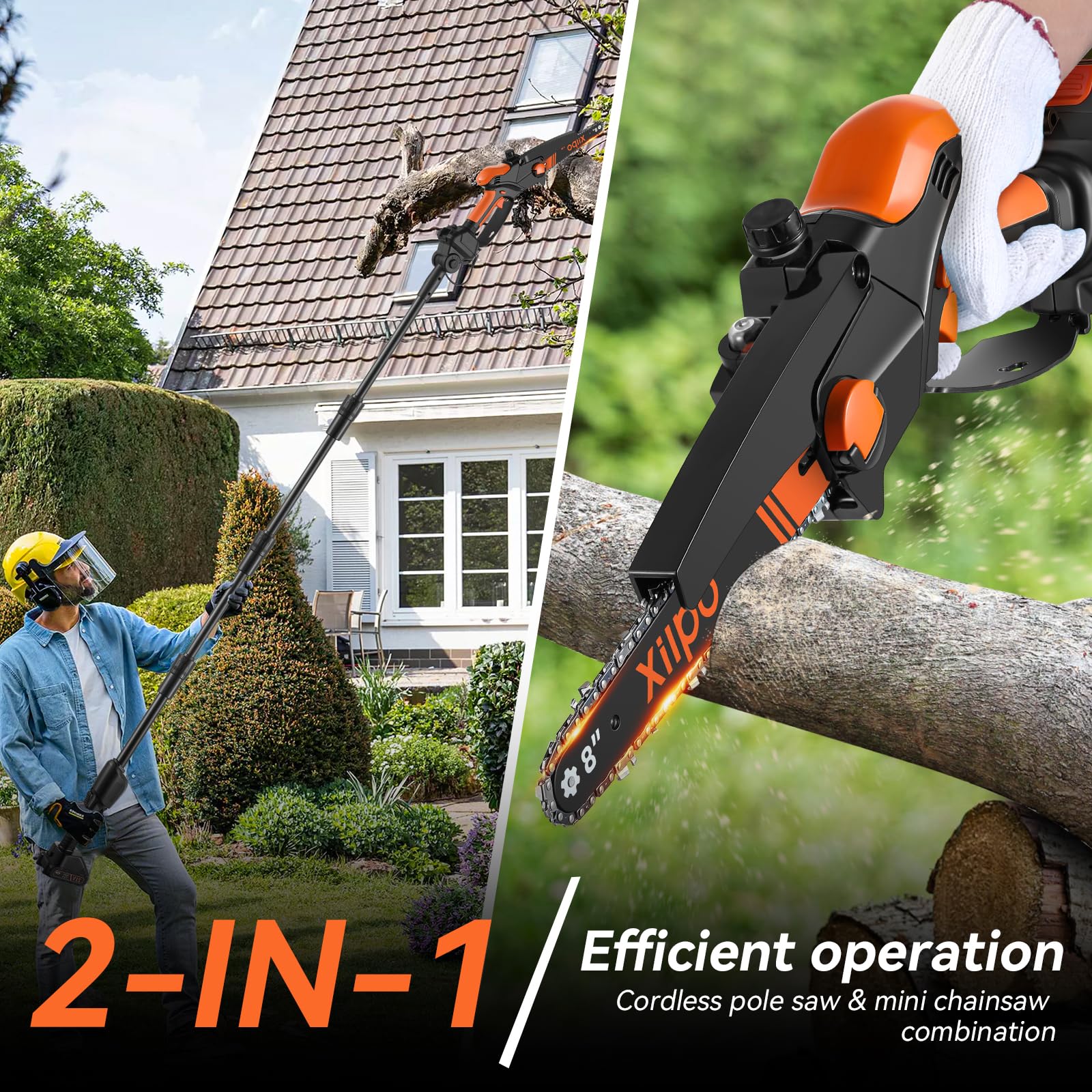 Xilpo extended 15ft reach pole demonstrating safe overhead pruning from ground level.