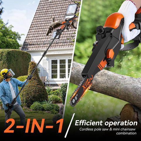 Xilpo extended 15ft reach pole demonstrating safe overhead pruning from ground level.