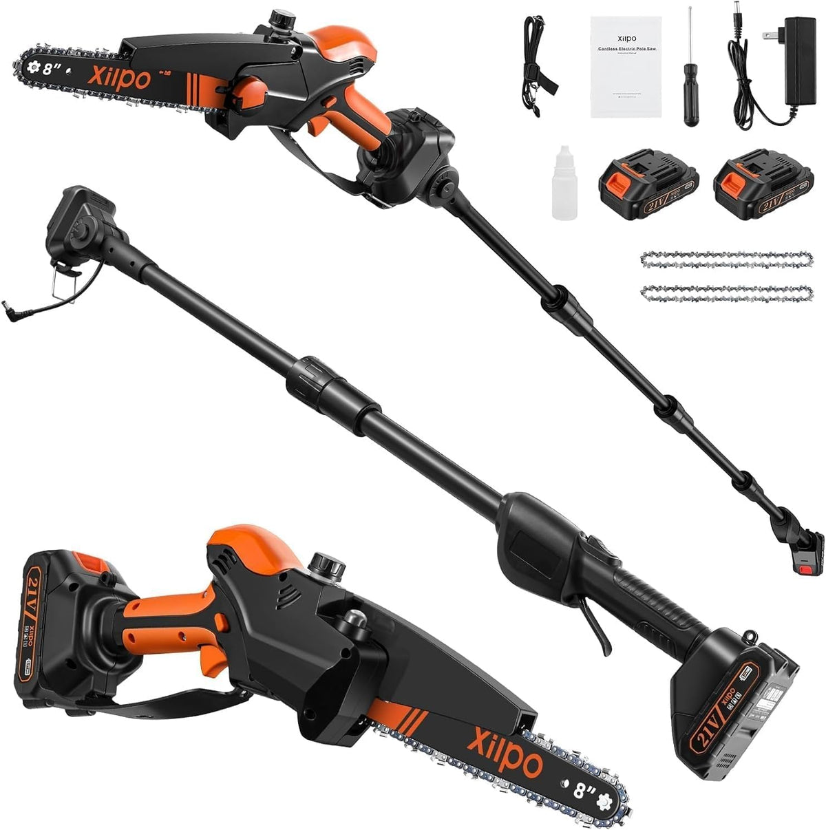 Xilpo 2-in-1 cordless pole saw in handheld mode for precise ground-level trimming.