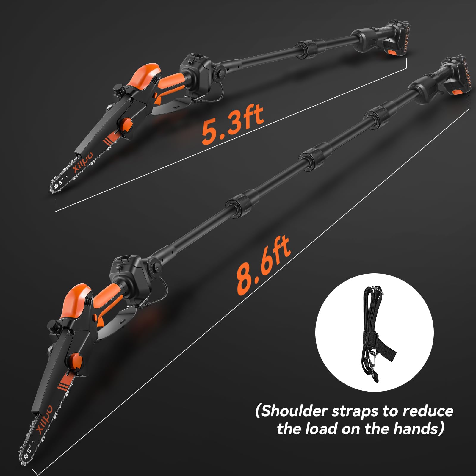 Xilpo adjustable cutting head angle enables pruning around corners and obstacles.