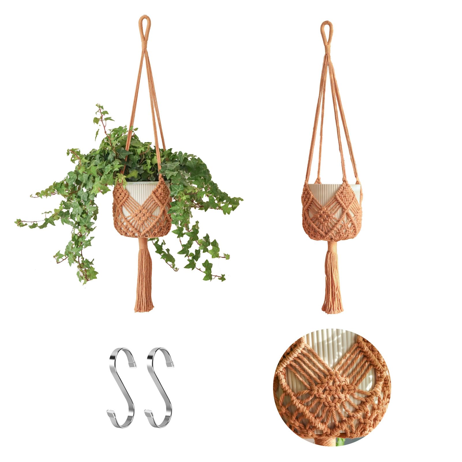 XINBOR macrame plant hanger for 8-inch pots in caramel color, space-saving display