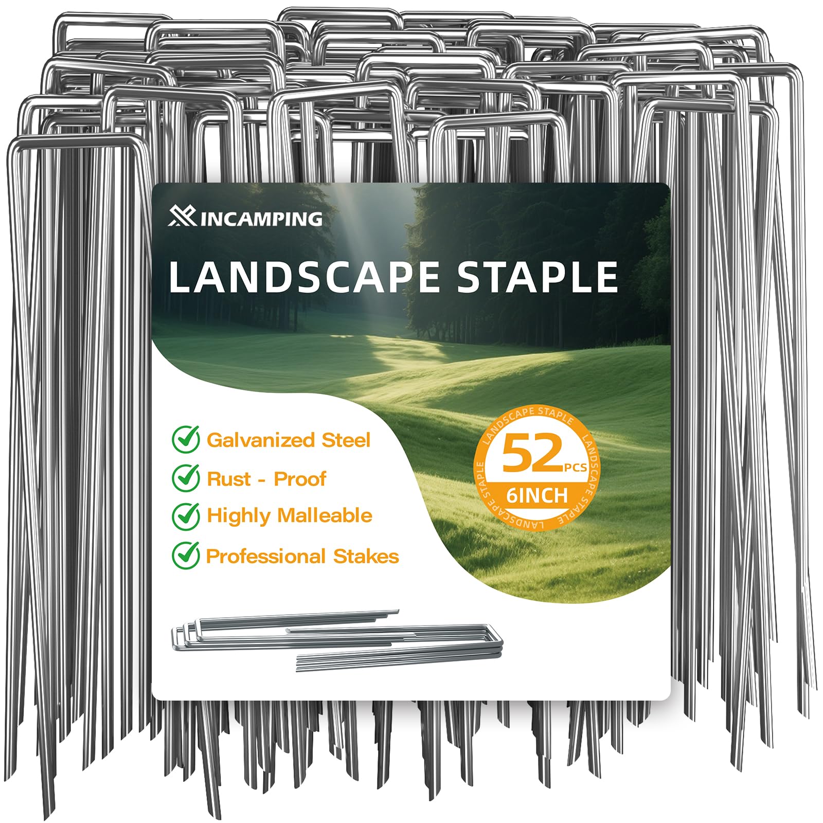 XINCAMPING 52-pack landscape stakes securing a weed barrier in a garden bed