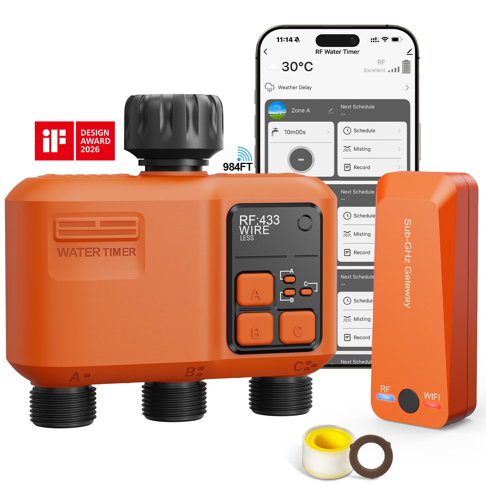 XinFuture Smart WiFi Sprinkler Timer front view shows 3-zone control for precise irrigation.