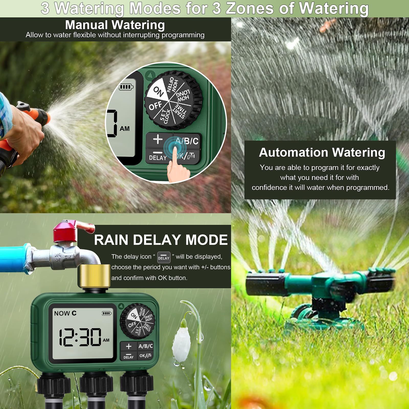 XinFuture three-zone timer setup with independent irrigation zones