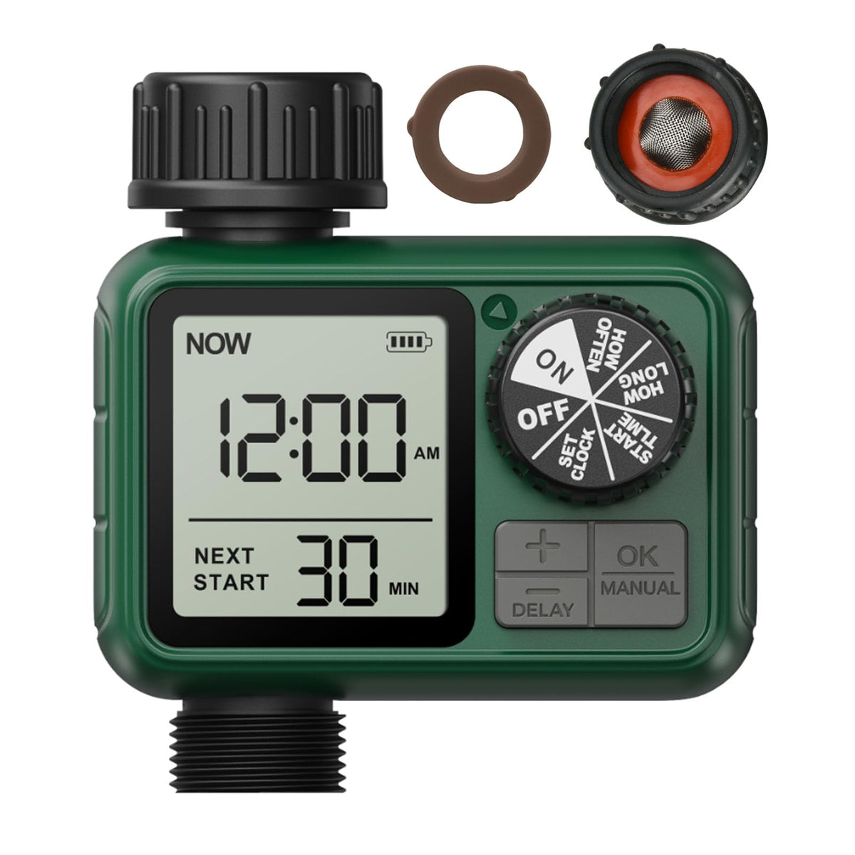 XinFuture water timer on faucet showing precise outdoor watering.
