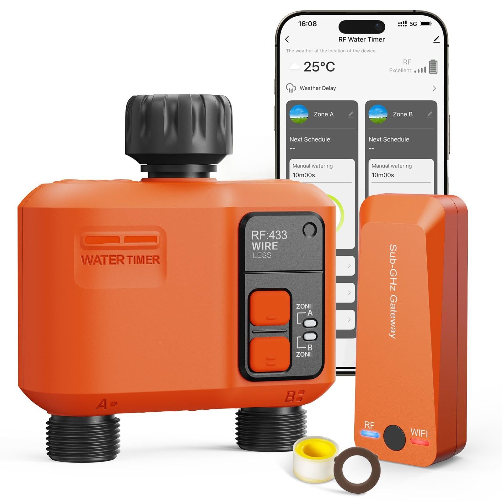 XinFuture wifi water timer range graphic shows 984 ft connectivity for large gardens