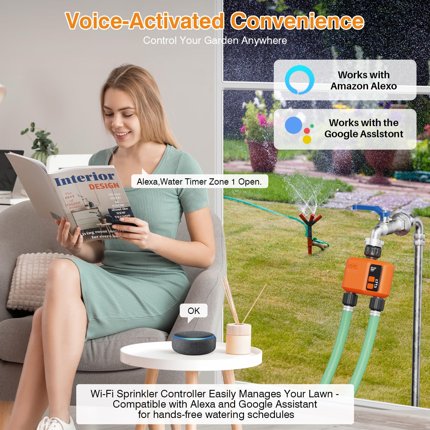 XinFuture wifi water timer voice control image showcases hands-free watering via voice assistant