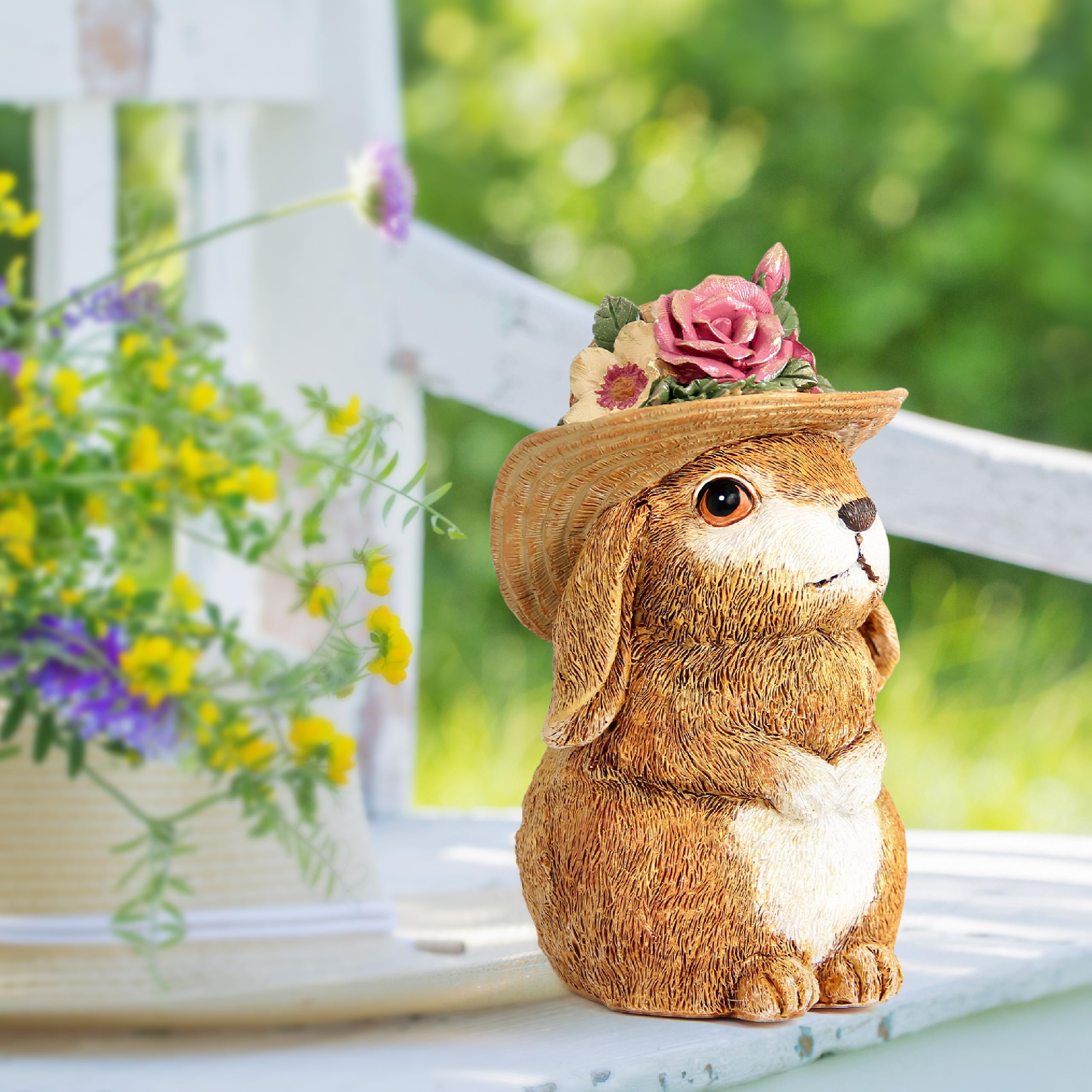 Xintim garden bunny close-up shows intricate flower hat craftsmanship.