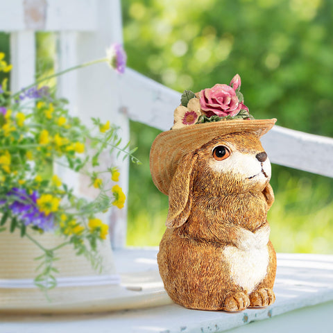 Xintim garden bunny close-up shows intricate flower hat craftsmanship.