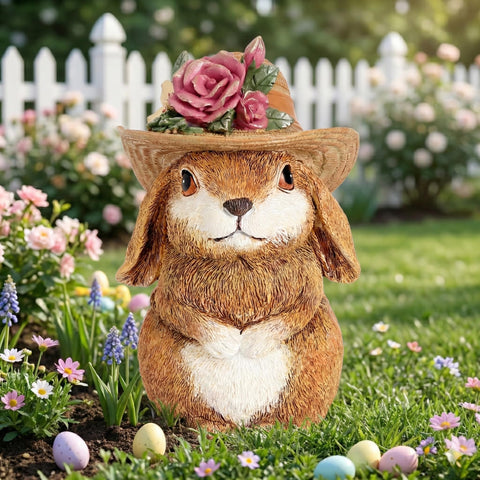Xintim Easter Bunny figurine with flower hat adds festive outdoor charm.