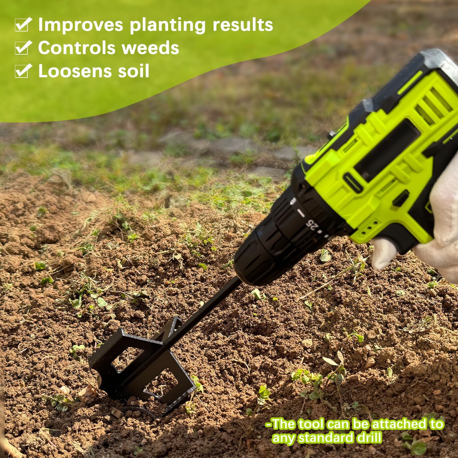 Xintre handheld drill tiller enables quick soil loosening in planters.
