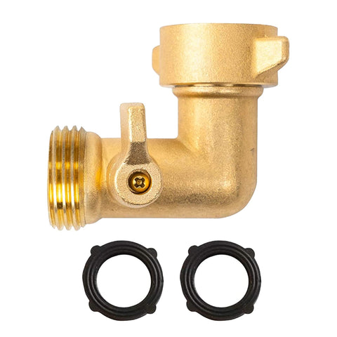 Xiny Tool 90-degree brass hose adapter with shut-off valve for precise water control.