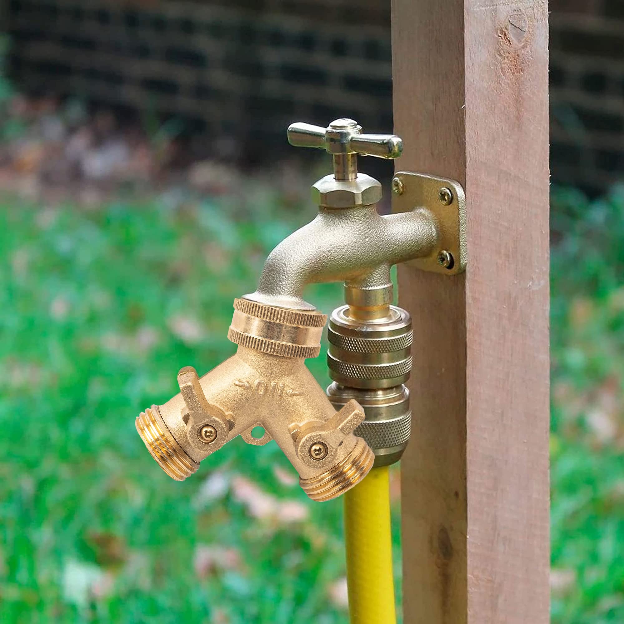 Xiny Tool hose splitter shown in outdoor use for dual watering.