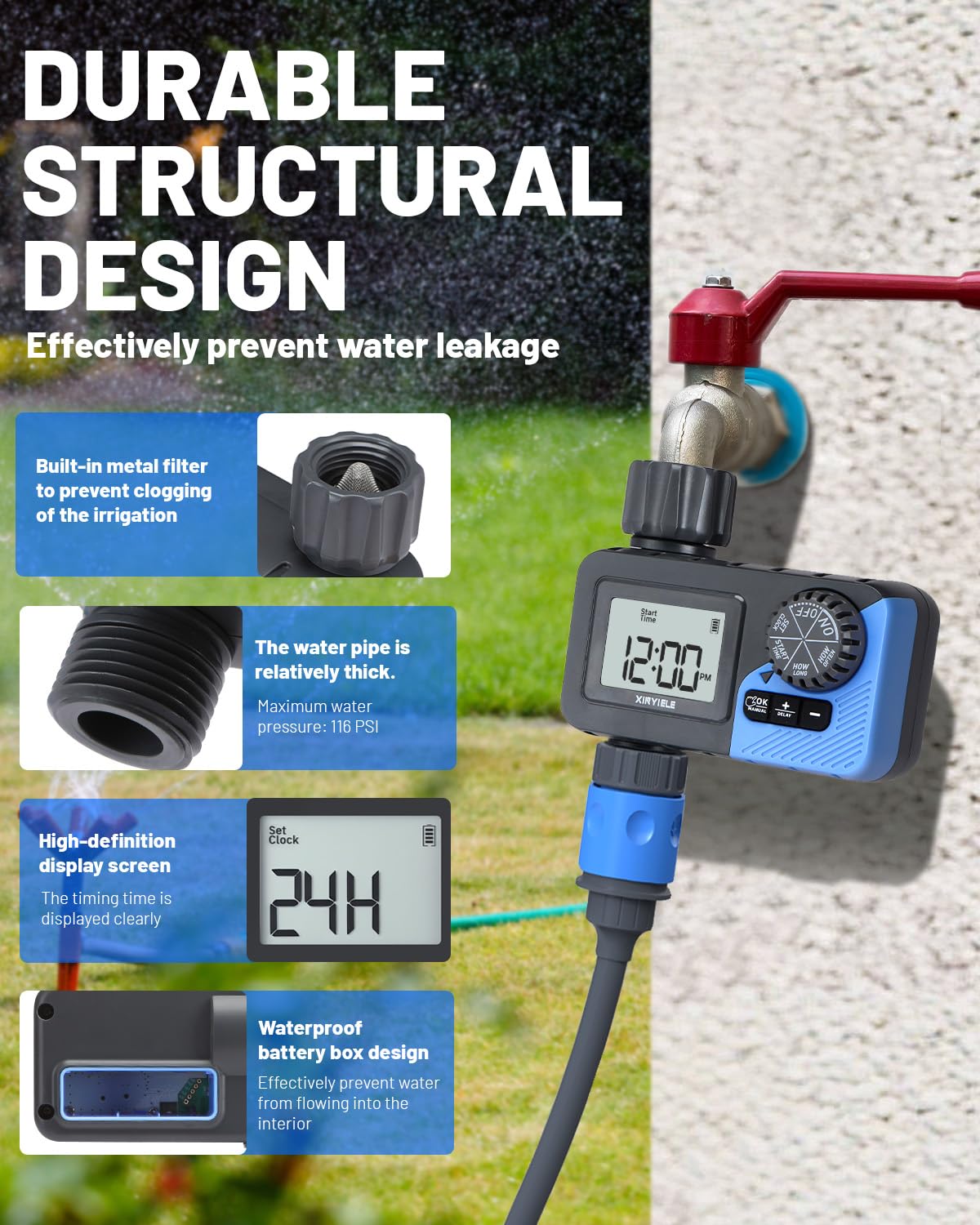 XINYIELE Smart Sprinkler Timer battery-compartment image shows battery-powered convenience.