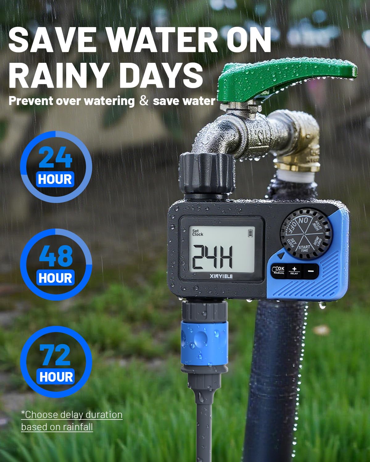 XINYIELE Smart Sprinkler Timer IP54 durability image highlights weatherproof protection.