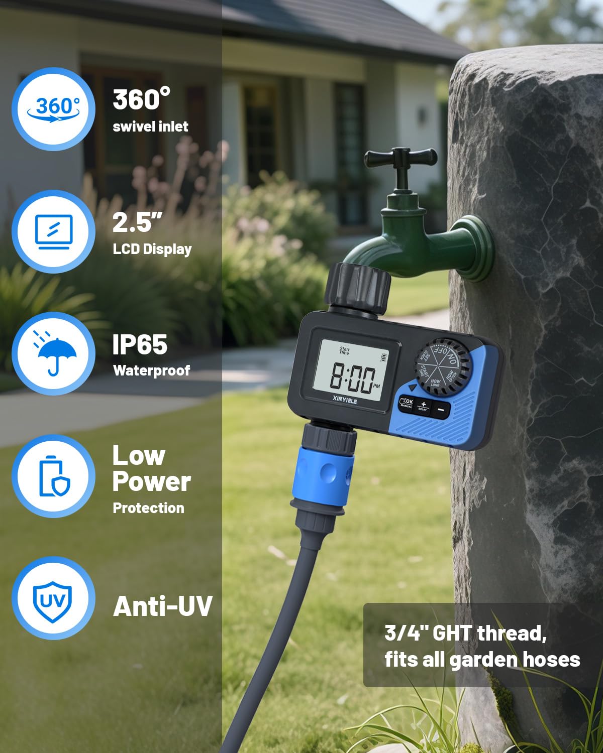 XINYIELE Smart Sprinkler Timer outdoor-use image demonstrates versatile lawn and garden watering.