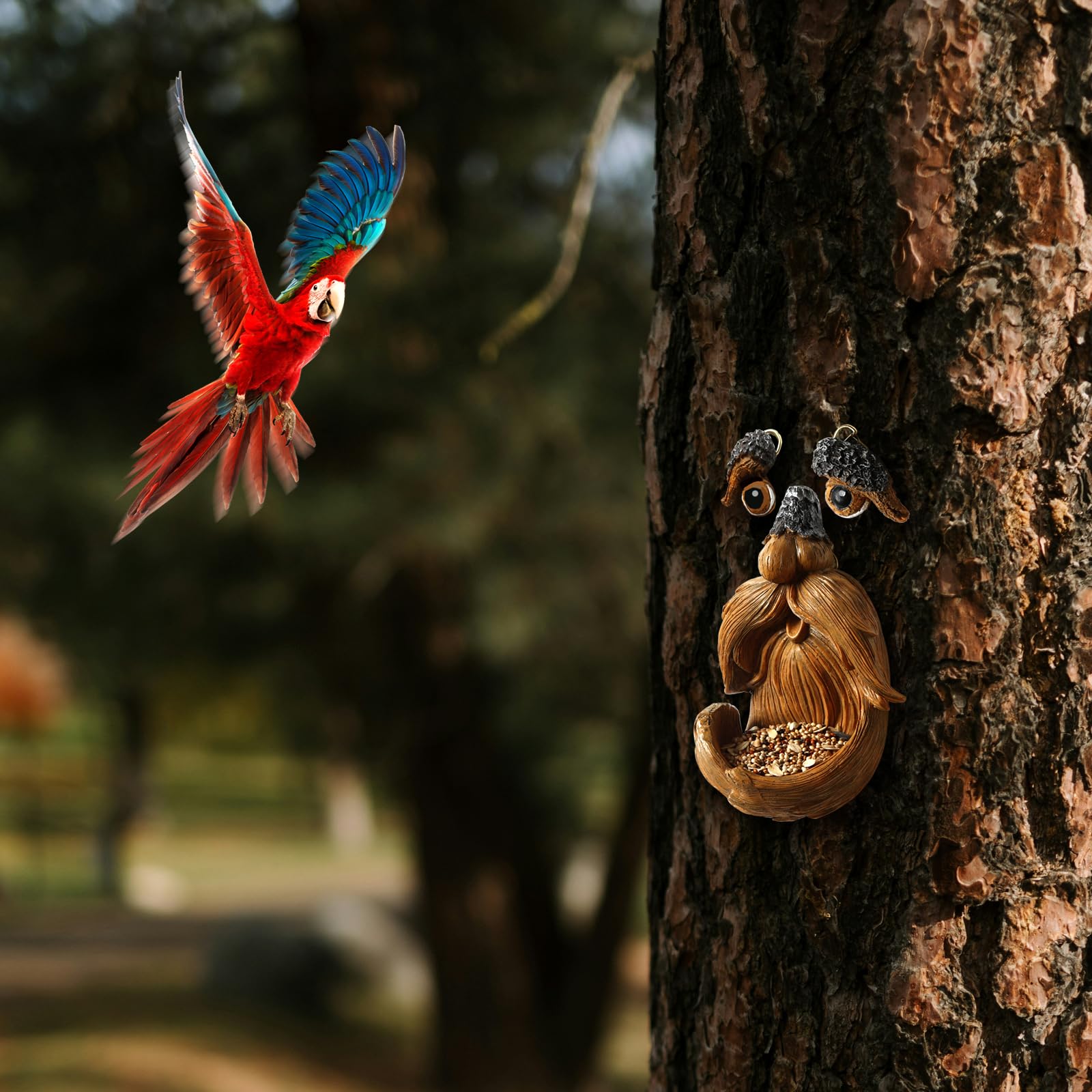 XIOQINE Tree Face Bird Feeder provides a perch for visiting birds.