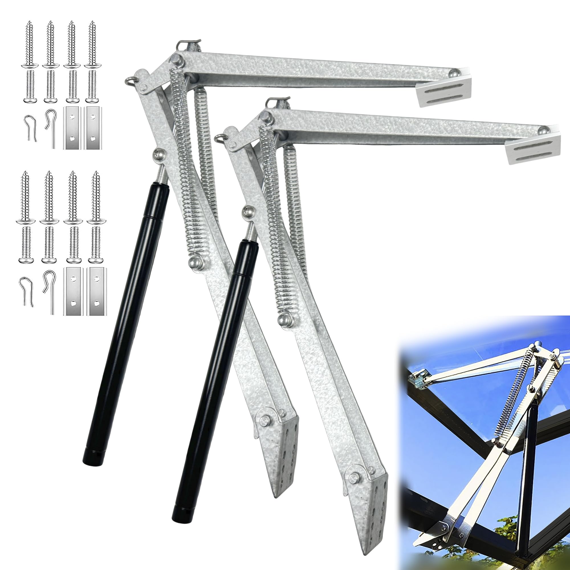 XISOCO greenhouse window opener assembly shows dual-spring components ready for installation.
