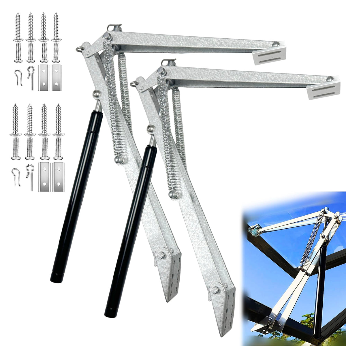 XISOCO greenhouse window opener assembly shows dual-spring components ready for installation.