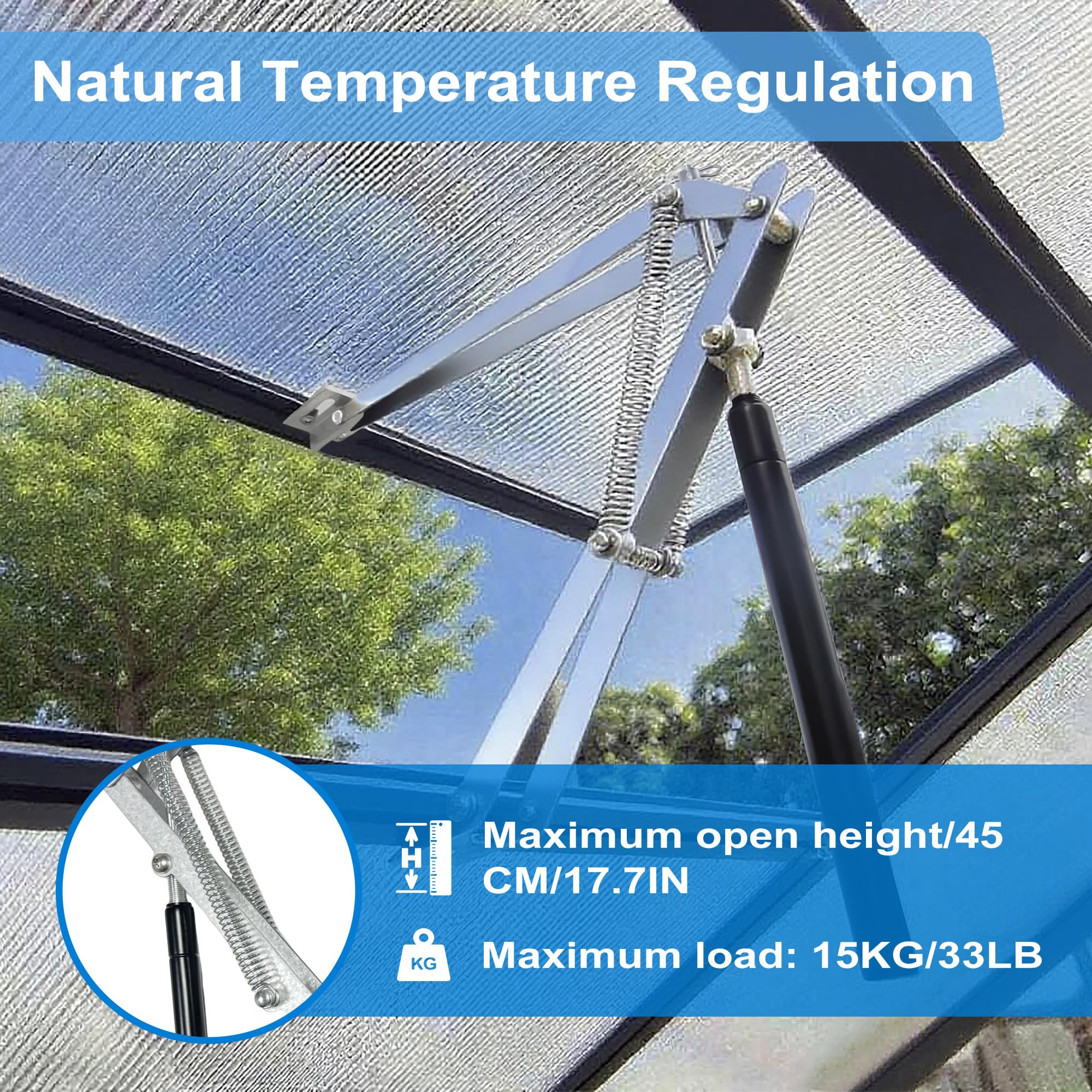 XISOCO mounted vent open to 45 cm shows adjustable airflow in a greenhouse.
