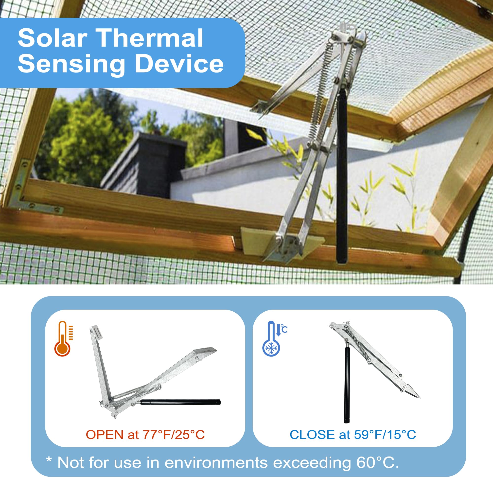 XISOCO solar heat-sensitive operation graphic illustrates automatic vent response to temperature.