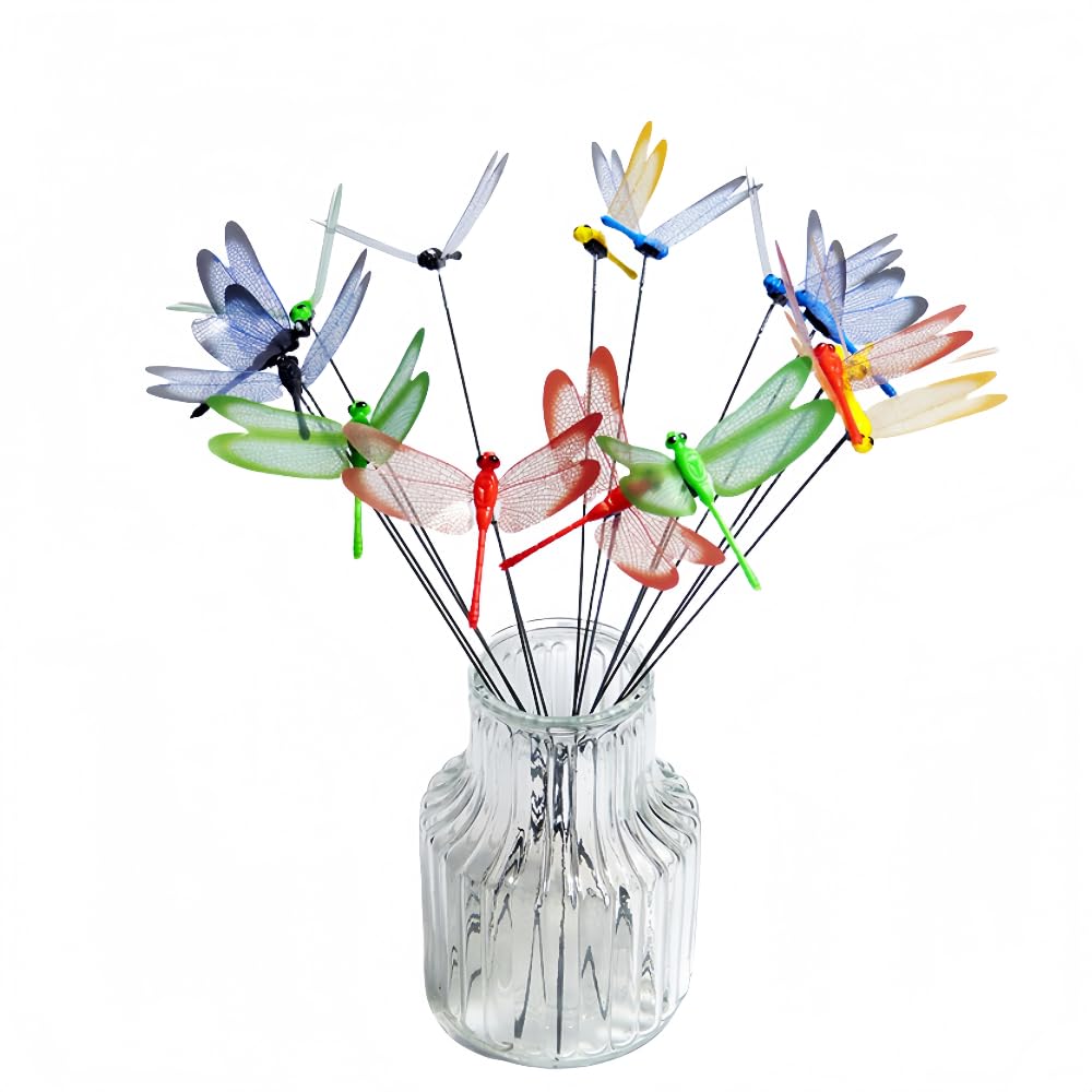 XIZHI dragonfly stake yellow front view enhances planters with color and motion.