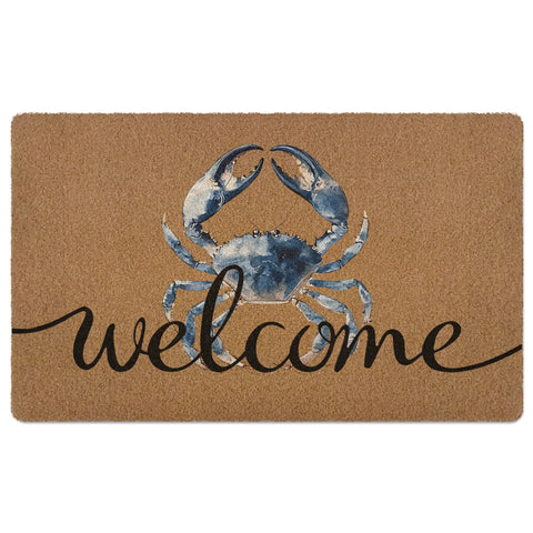 XLDLIOO Blue Crab Welcome Doormat front view for indoor and outdoor entryways.