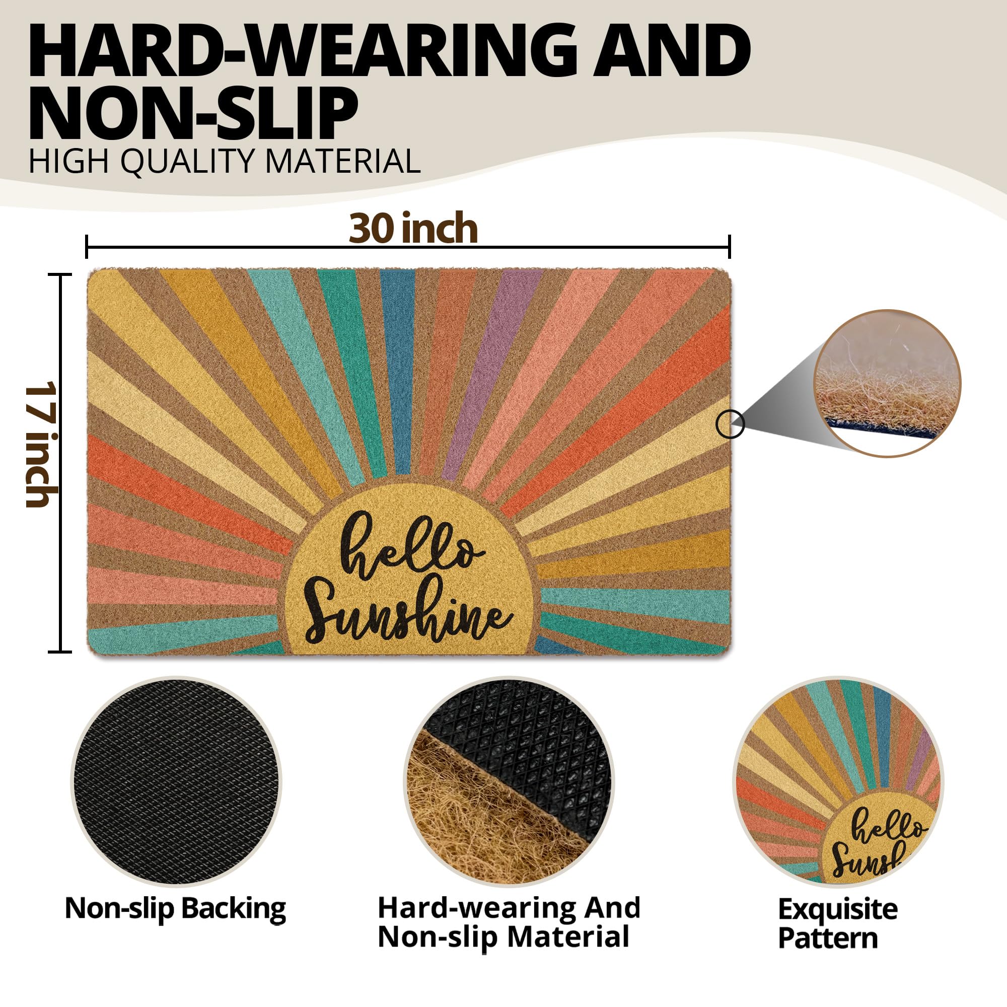 XLDLIOO Boho Sunshine Door Mat features a textured rubber backing to stay in place.
