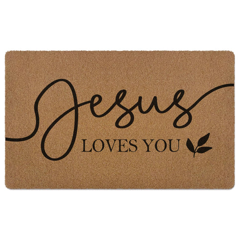 XLDLIOO Christian Jesus Loves You doormat pattern closeup for a welcoming design