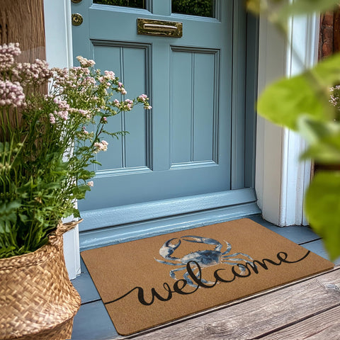 XLDLIOO Blue Crab Doormat close-up showing coco-coir-like texture and durability.