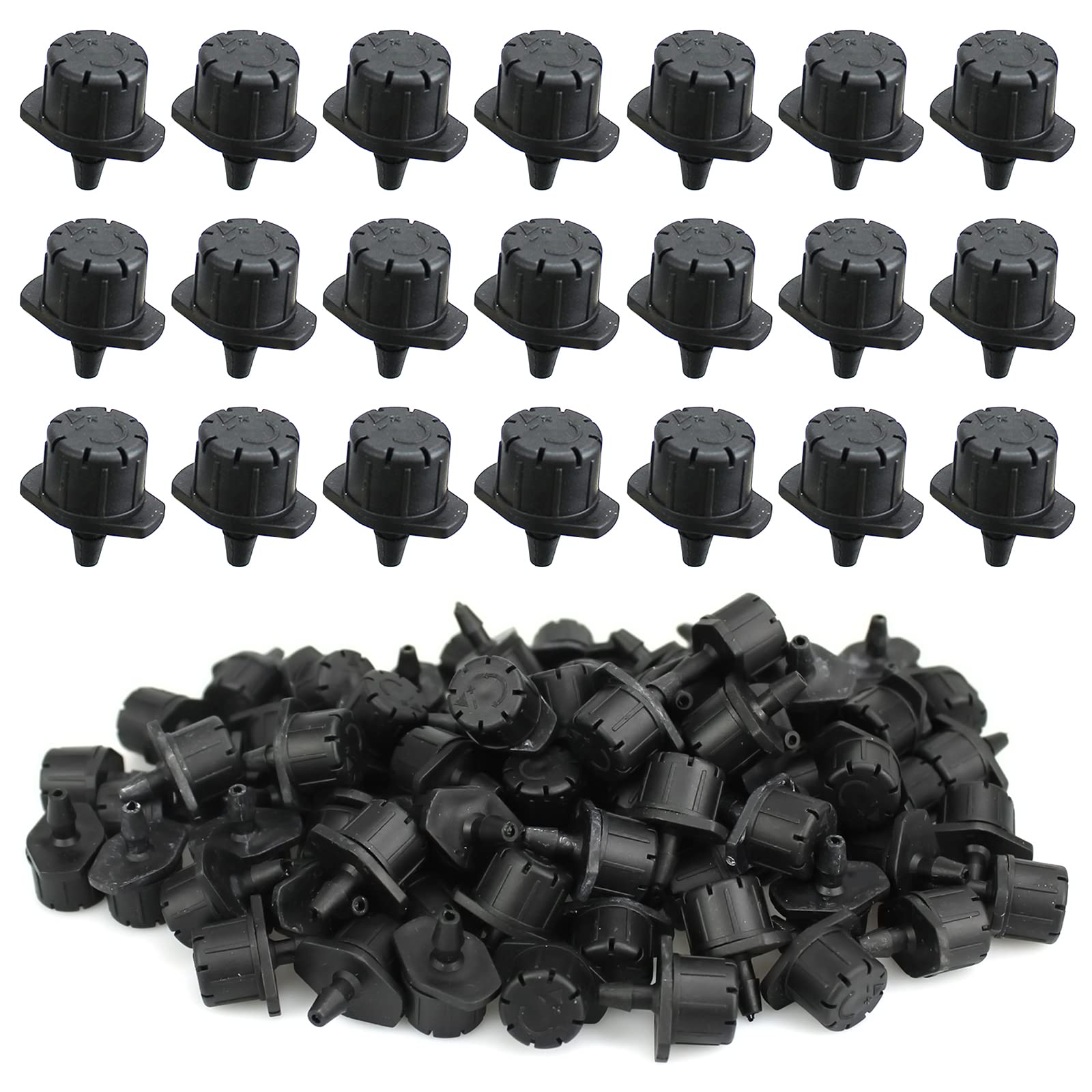 Xloey drip emitter close-up with rotatable cap for adjustable flow.