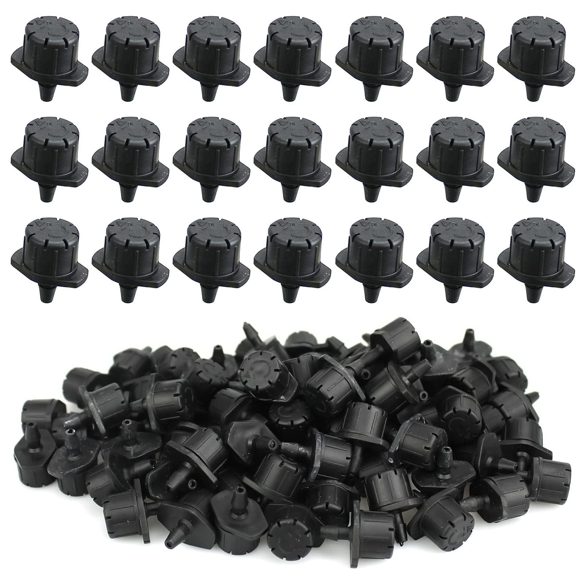 Xloey drip emitter close-up with rotatable cap for adjustable flow.