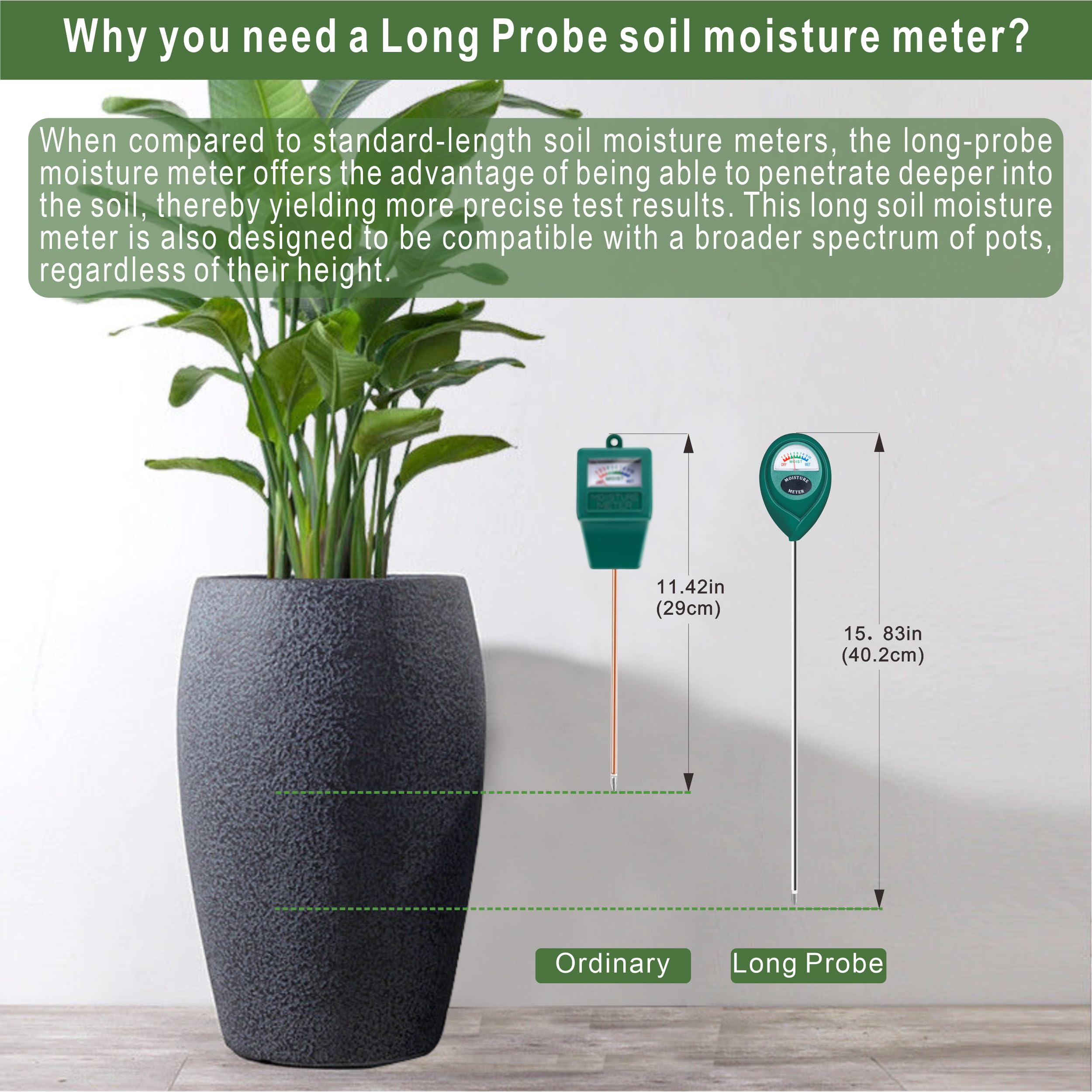 XLUX deep soil moisture meter in pot providing moisture insight