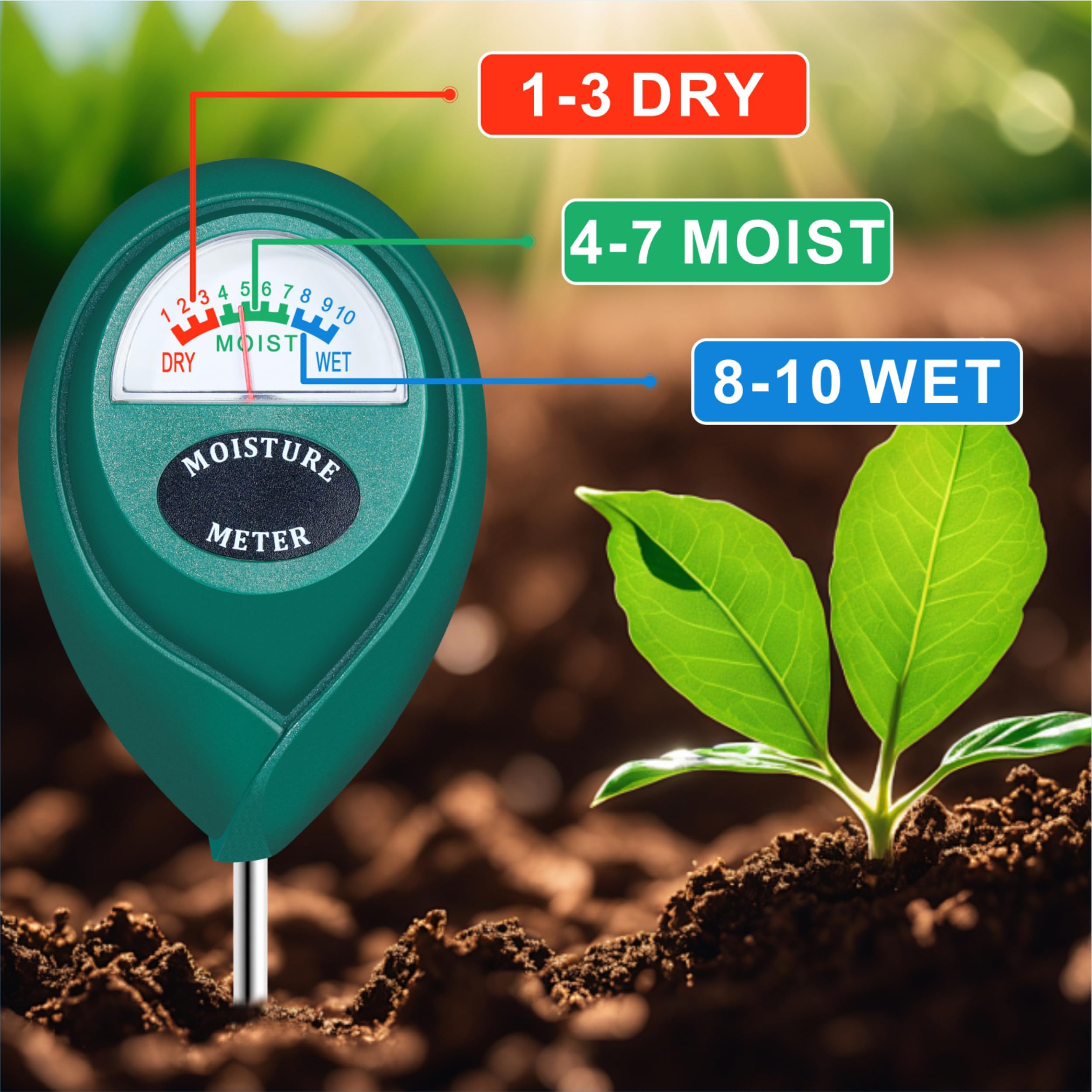 XLUX large-dial moisture reading enables quick watering decisions