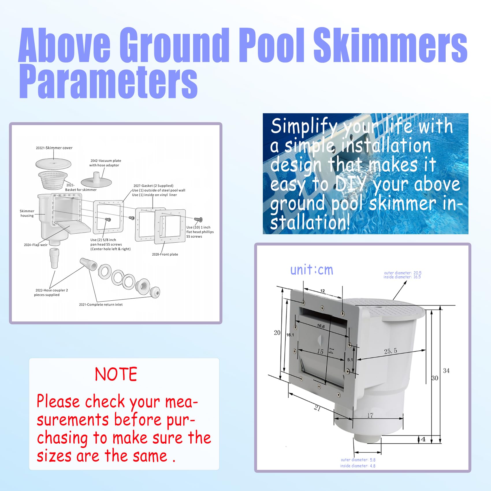 Xmnbl skimmer body and cover assembly for reliable water skimming.