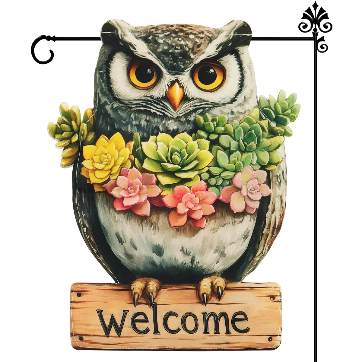 Xmoyaas Owl Garden Flag with succulent accents for lively yard decor.