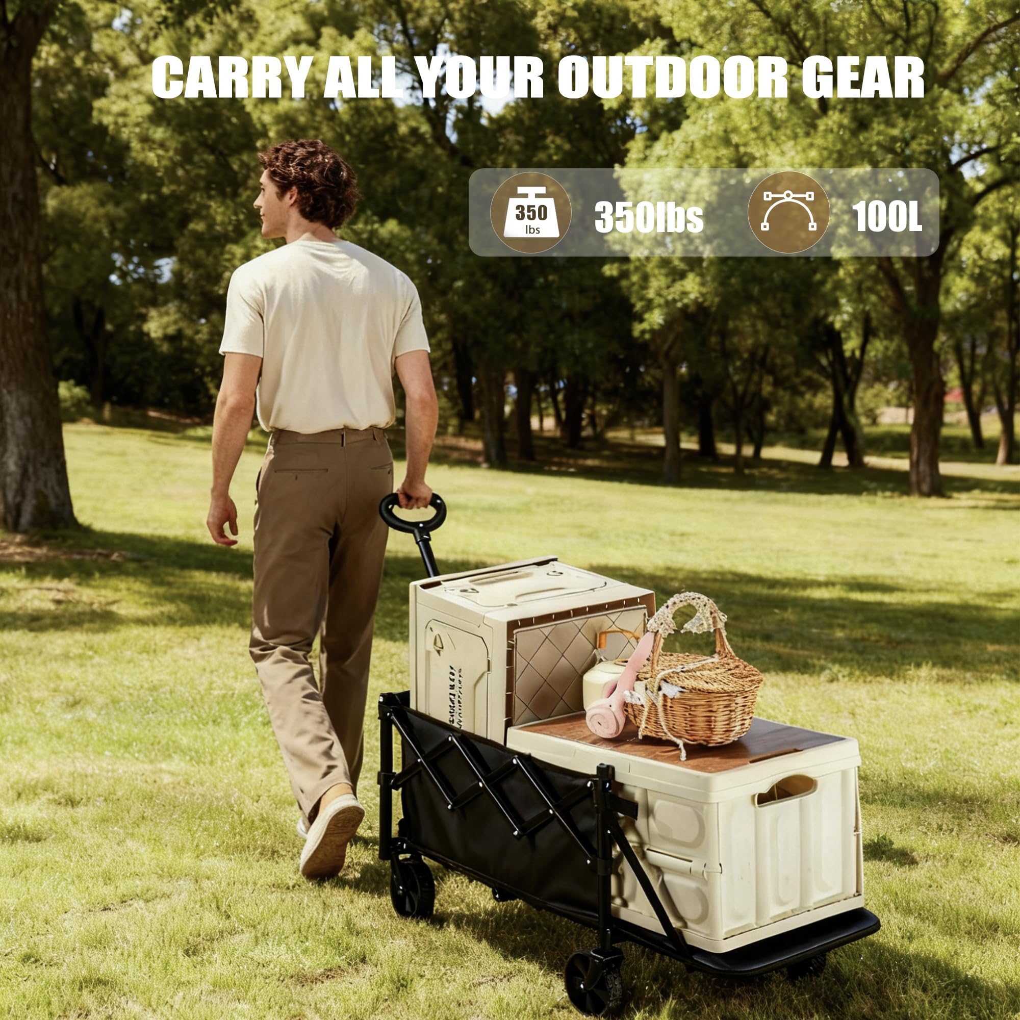 XMT 100L folding wagon with all-terrain wheels smoothly rolling on varied surfaces.